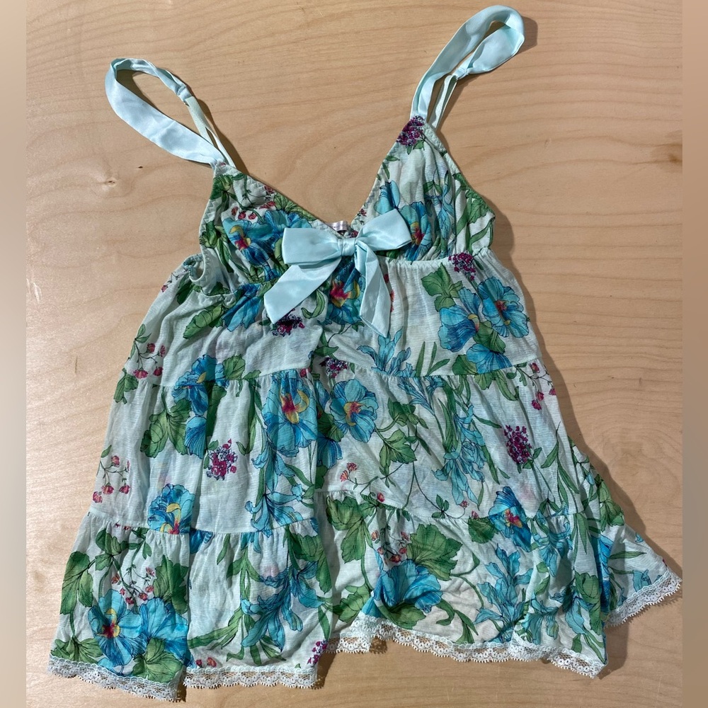 Victoria's Secret Floral Lace Trim Pajama Top - Blue and Green